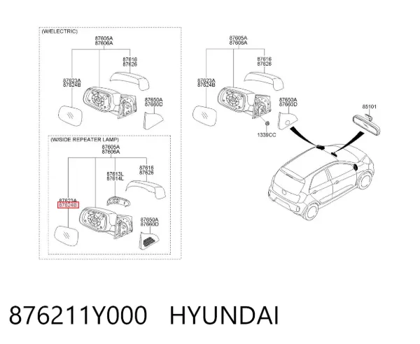 Дзеркальний елемент дзеркала заднього виду, правого 876211Y000 Hyundai/Kia