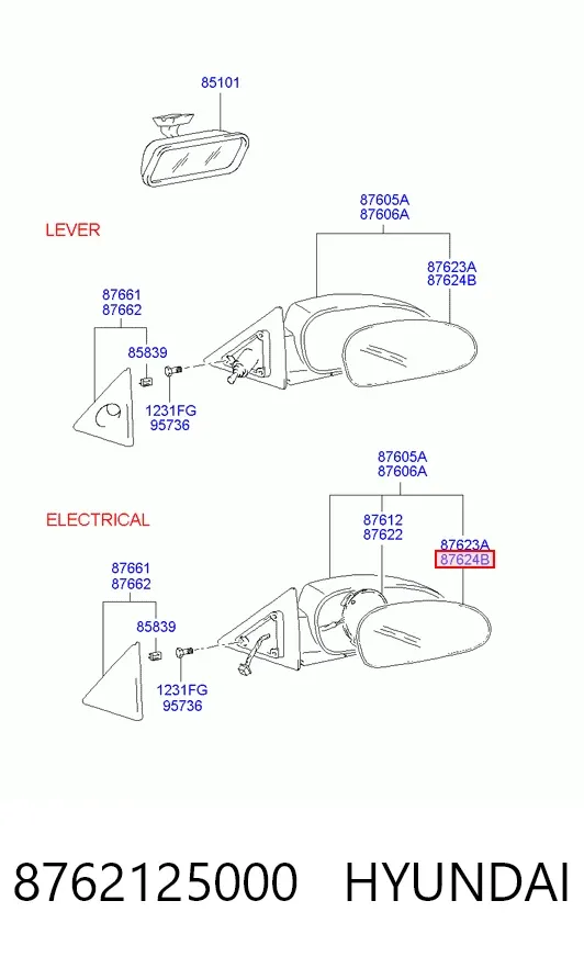 Дзеркальний елемент дзеркала заднього виду, правого 8762125000 Hyundai/Kia
