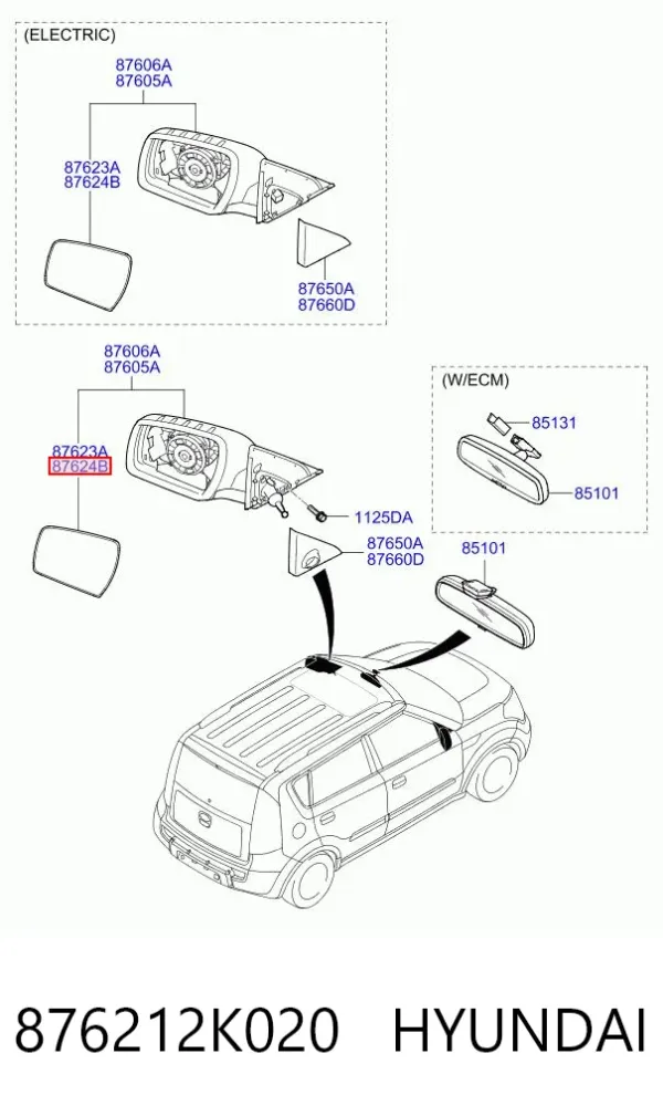 Дзеркальний елемент дзеркала заднього виду, правого 876212K020 Hyundai/Kia
