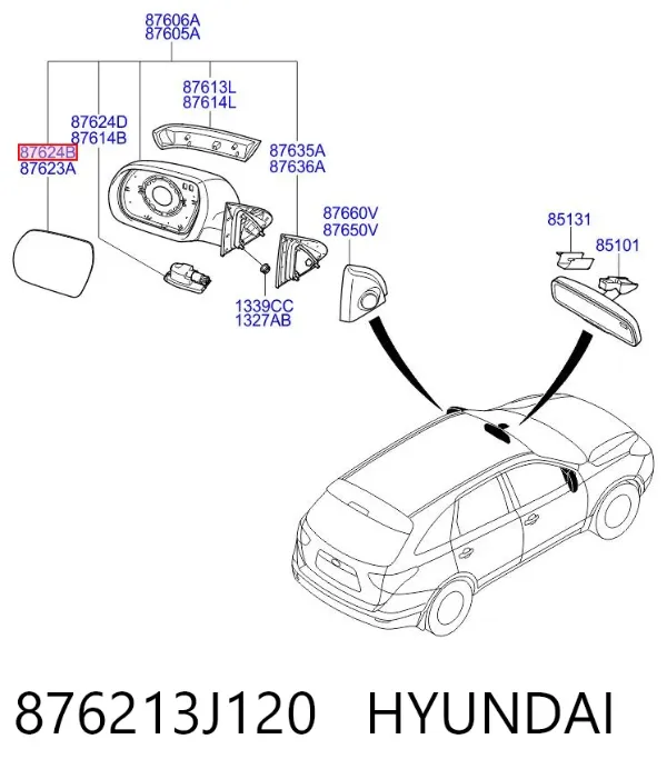 Дзеркальний елемент дзеркала заднього виду, правого 876213J120 Hyundai/Kia
