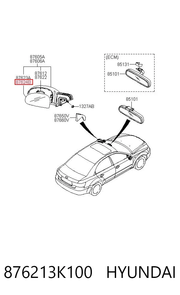 Дзеркальний елемент дзеркала заднього виду, правого 876213K100 Hyundai/Kia