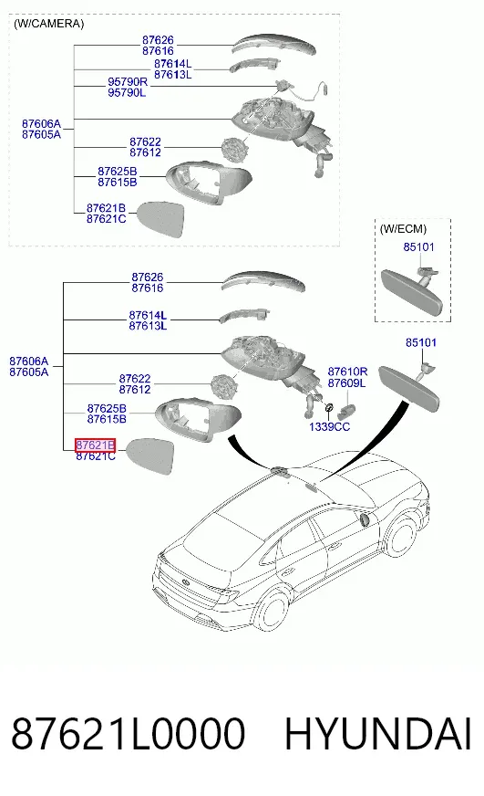 Дзеркальний елемент дзеркала заднього виду, правого 87621L0000 Hyundai/Kia