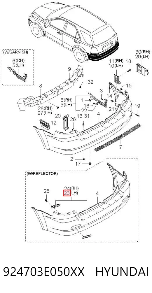 Катафот (відбивач) заднього бампера, лівий 924703E050XX Hyundai/Kia