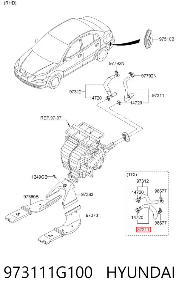 Шланг радіатора опалювача/пічки, подача 973111G100 Hyundai/Kia