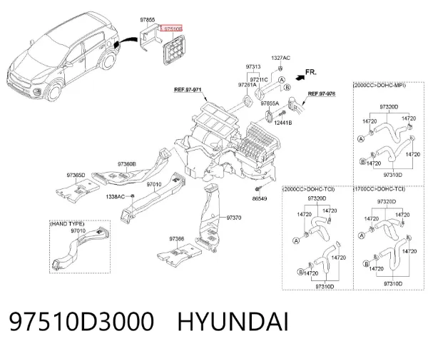 Решітка задня вентиляції салону, права 97510D3000 Hyundai/Kia