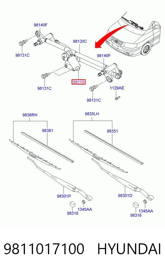 Двигун склоочисника лобового скла (трапеції) 9811017100 Hyundai/Kia