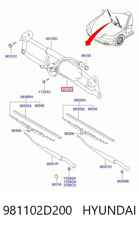 Двигун склоочисника лобового скла (трапеції) 981102D200 Hyundai/Kia