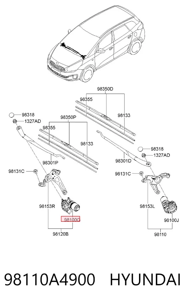 Двигун склоочисника лобового скла, правий 98110A4900 Hyundai/Kia
