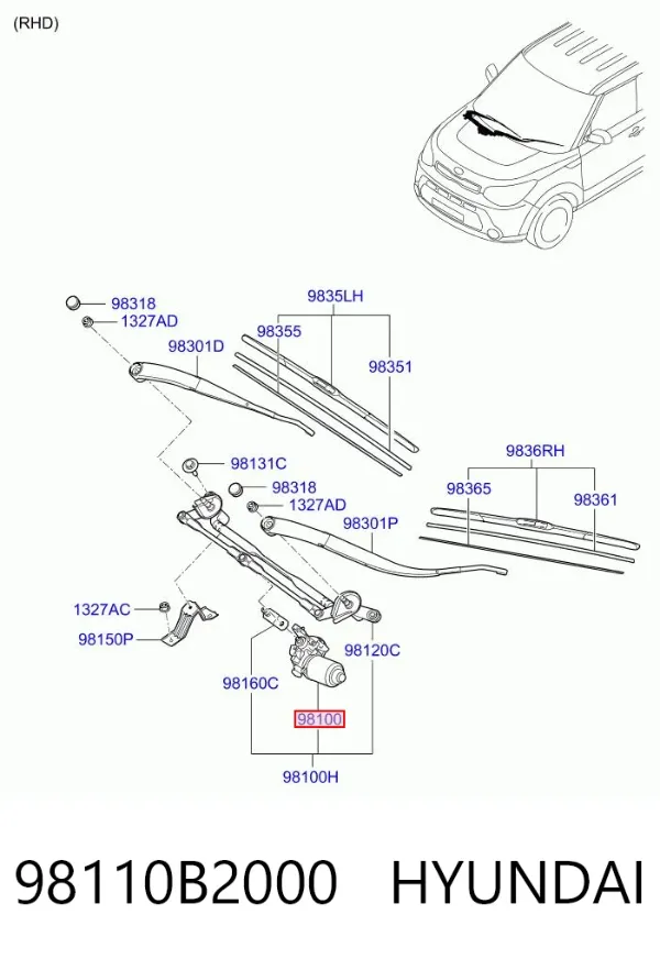 Двигун склоочисника лобового скла (трапеції) 98110B2000 Hyundai/Kia