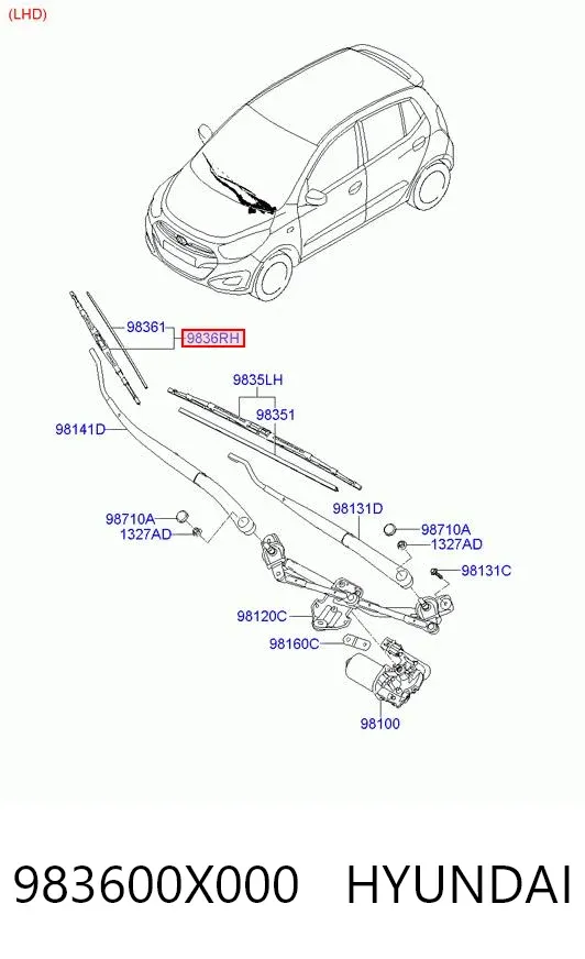 Щітка-двірник лобового скла, пасажирська 983600X000 Hyundai/Kia