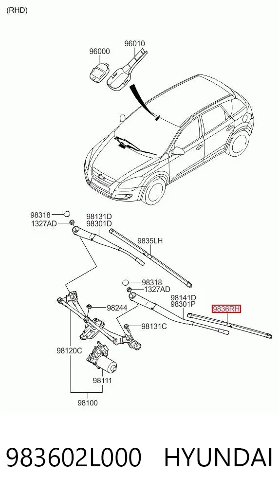 Щітка-двірник лобового скла, пасажирська 983602L000 Hyundai/Kia
