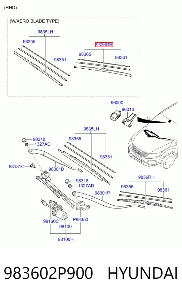 Щітка-двірник лобового скла, пасажирська 983602P900 Hyundai/Kia