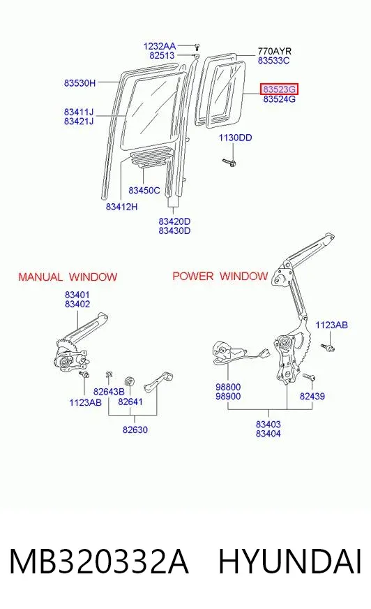 Скло-кватирка двері, задній, лівою MB320332A Hyundai/Kia