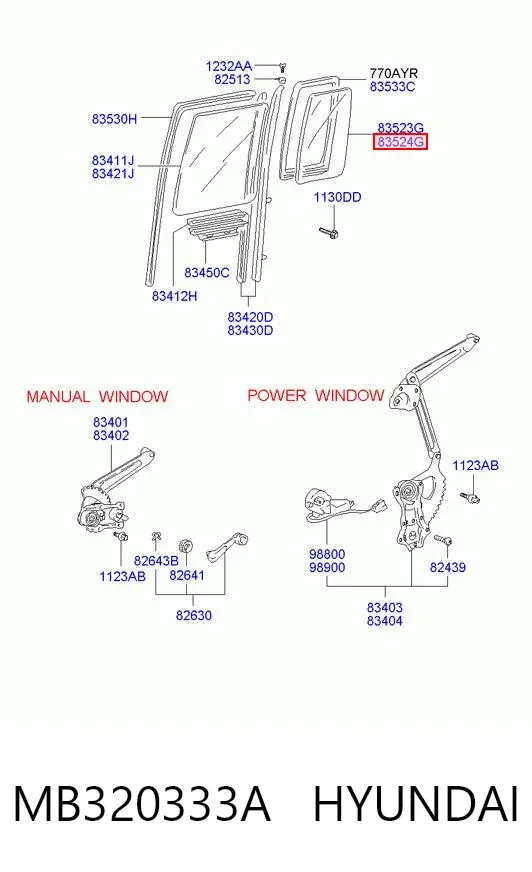 Скло-кватирка двері, задній, правій MB320333A Hyundai/Kia
