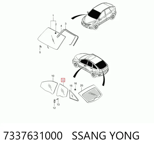 Скло задньої двері лівої 7337631000 Ssang Yong