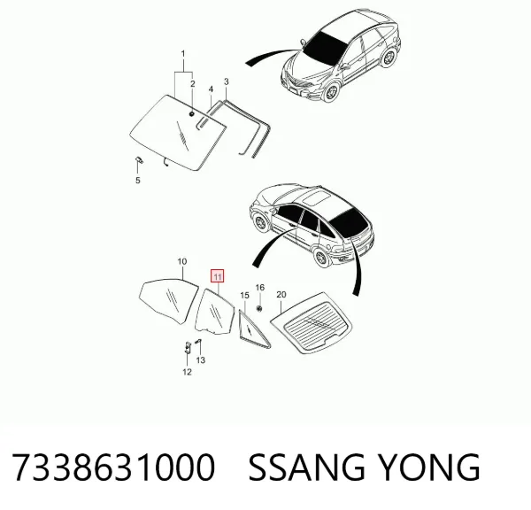 Скло задньої двері правої 7338631000 Ssang Yong