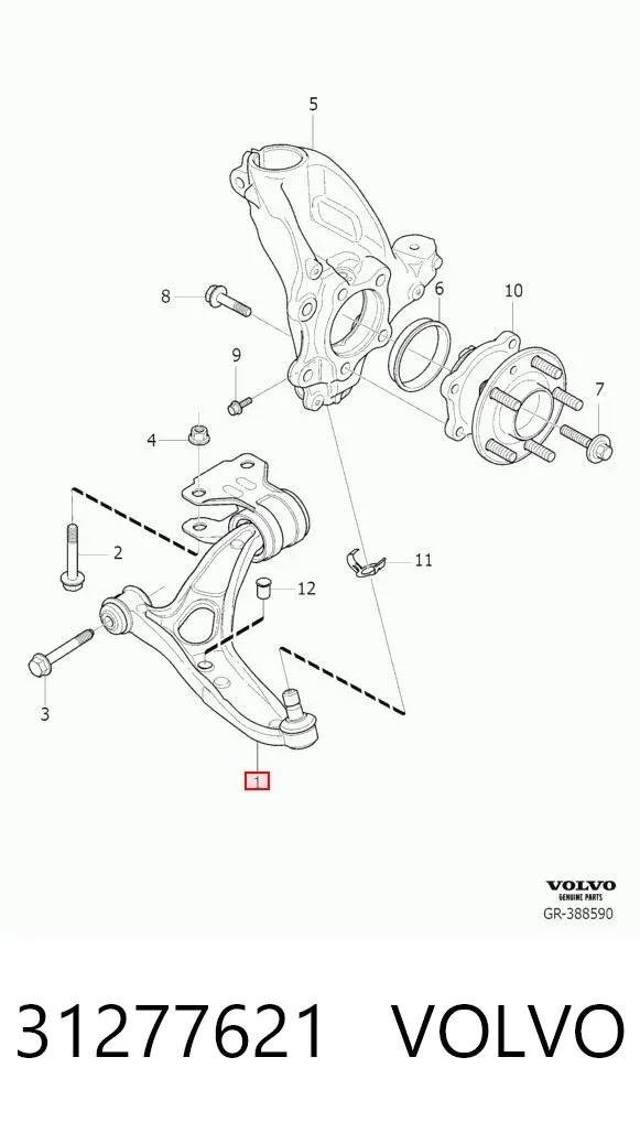Важіль передньої підвіски нижній, лівий 31277621 Volvo