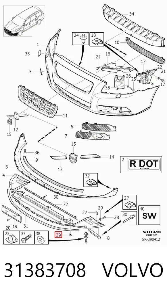 Пістон (кліп) кріплення бампера, переднього 31383708 Volvo