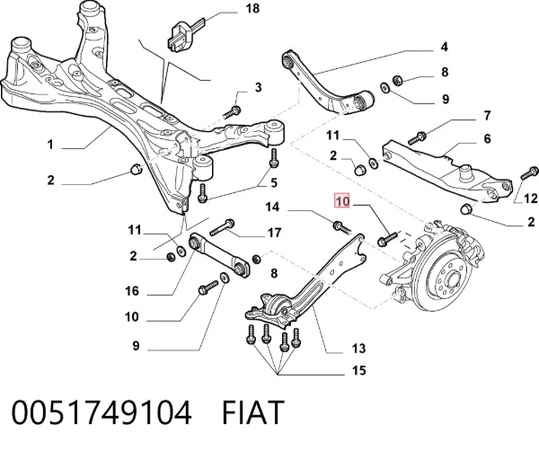 Болт кріплення заднього розвальний важеля, зовнішній 0051749104 Fiat/Alfa/Lancia