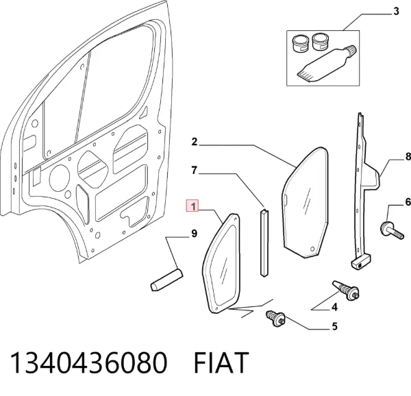 Скло-кватирка двері, передній, лівій 1340436080 Fiat/Alfa/Lancia