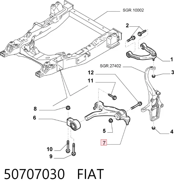 Важіль передньої підвіски нижній, правий 50707030 Fiat/Alfa/Lancia