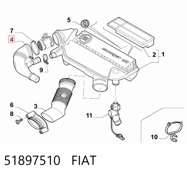 Патрубок витратоміра повітря 51897510 Fiat/Alfa/Lancia