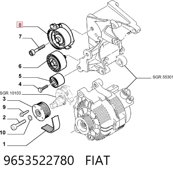 Натягувач приводного ременя 9653522780 Fiat/Alfa/Lancia