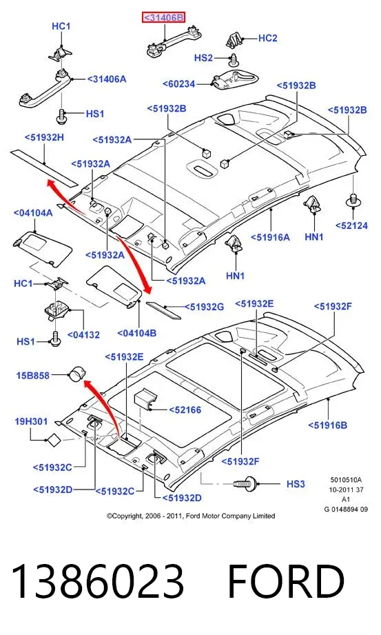Ручка салону, дахи 1386023 Ford