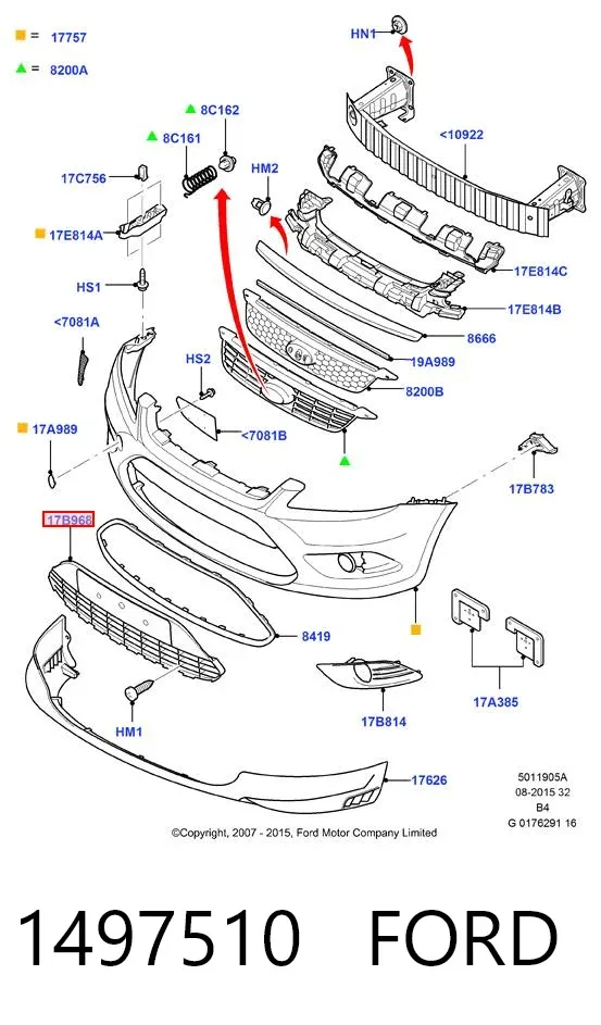 Решітка переднього бампера 1497510 Ford