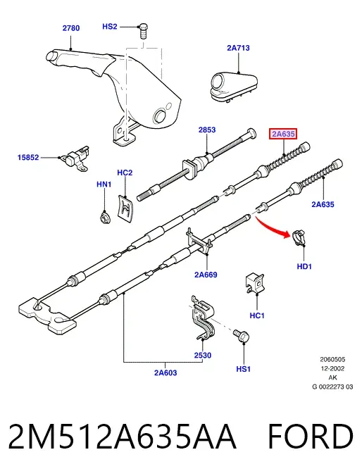 Трос ручного гальма задній, правий/лівий 2M512A635AA Ford
