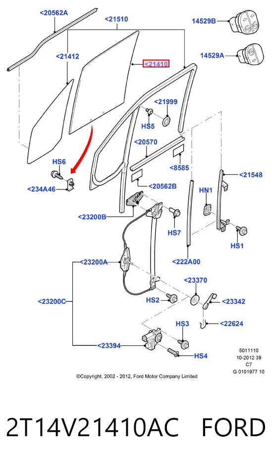 Скло передніх дверей, правою 2T14V21410AC Ford