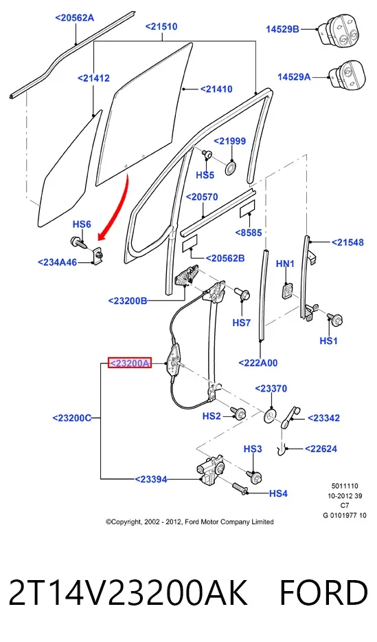 Механізм склопідіймача двері передньої, правої 2T14V23200AK Ford