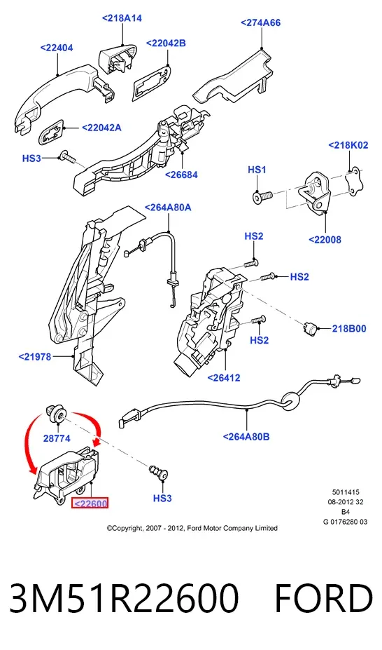Ручка передньої двері внутрішня права 3M51R22600 Ford