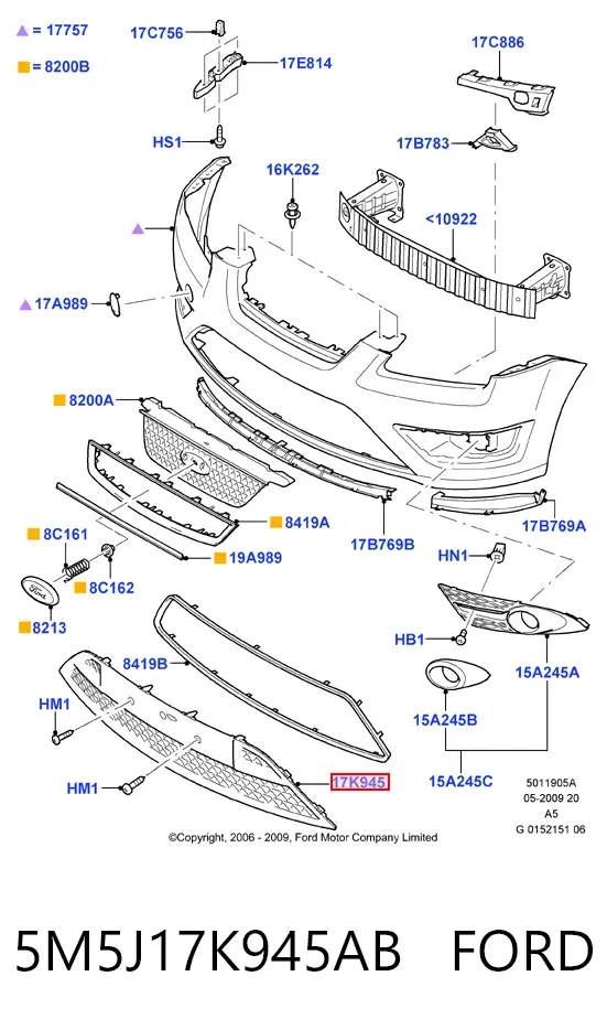 Решітка переднього бампера, центральна 5M5J17K945AB Ford
