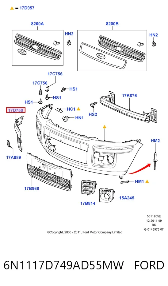 Накладка бампера переднього, права 6N1117D749AD55MW Ford