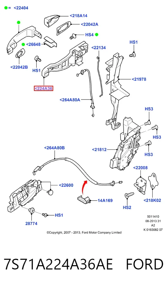 Тримач зовнішньої ручки дверей, передньої правої 7S71A224A36AE Ford