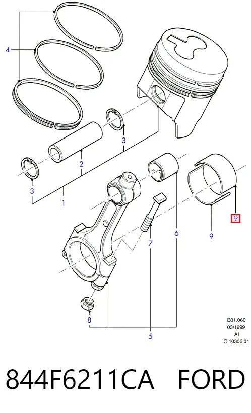 Вкладиші колінвала, шатунні, комплект, 2-й ремонт (+0,50) 844F6211CA Ford