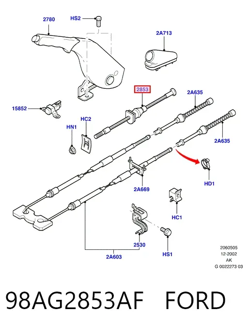Трос ручного гальма передній 98AG2853AF Ford