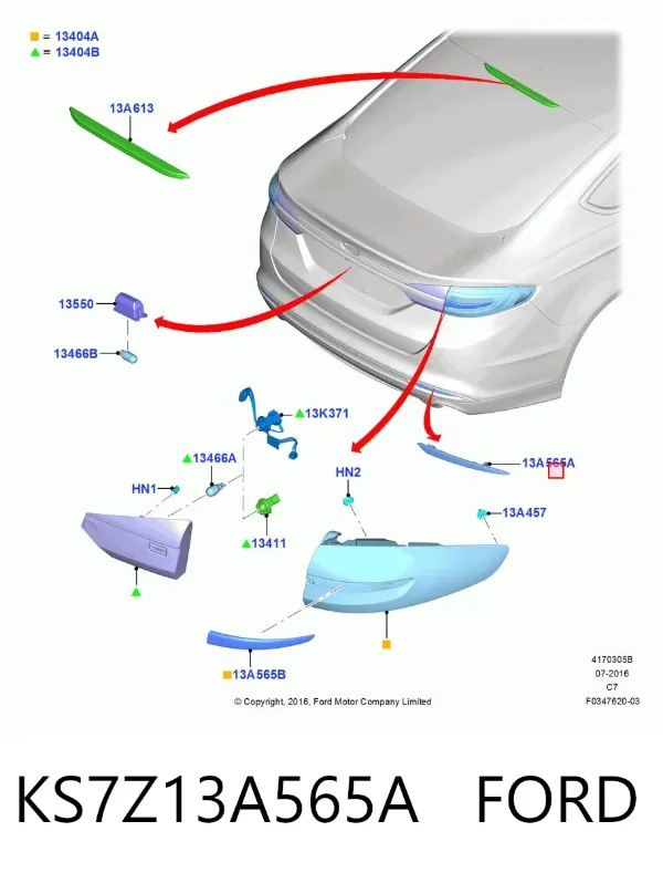 Катафот (відбивач) заднього бампера, правий KS7Z13A565A Ford