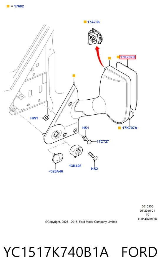 Дзеркальний елемент дзеркала заднього виду, правого YC1517K740B1A Ford