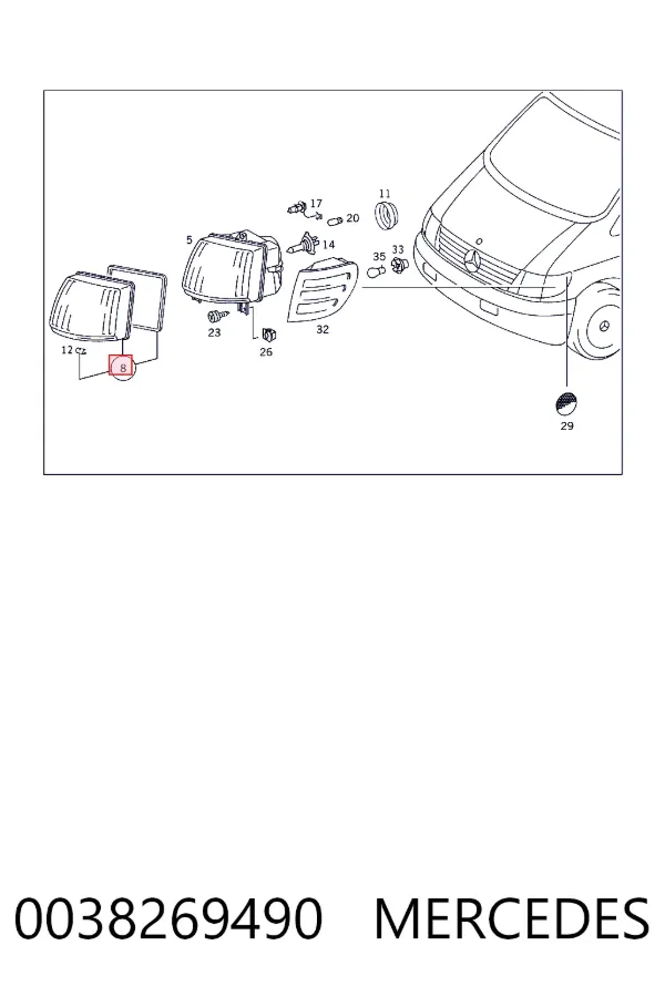 Скло фари правої A0038269490 Mercedes