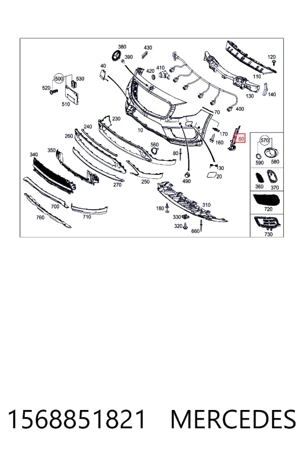 Купити A1568851821 Mercedes Кронштейн бампера переднього, правий
