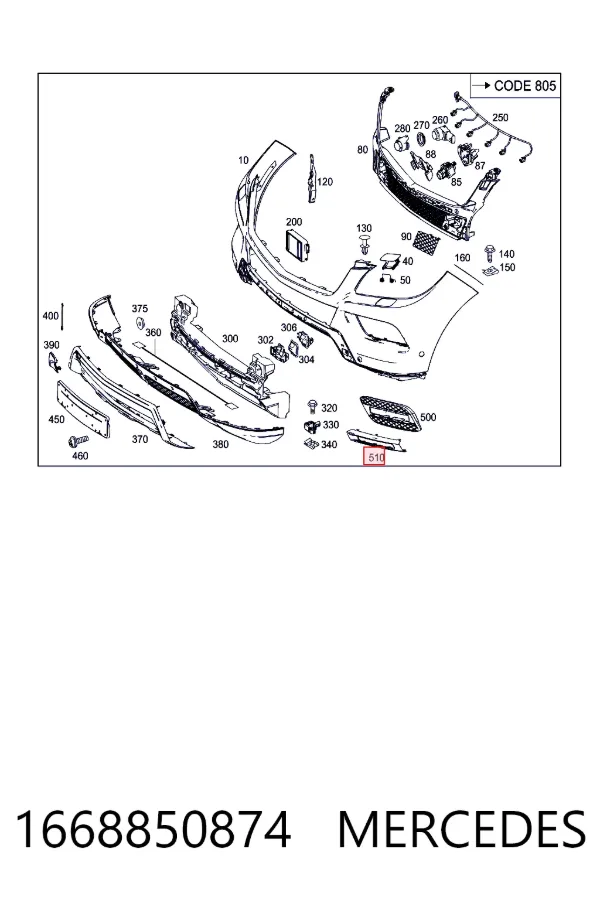 Обід (окантовка) фари противотуманної, правої A1668850874 Mercedes