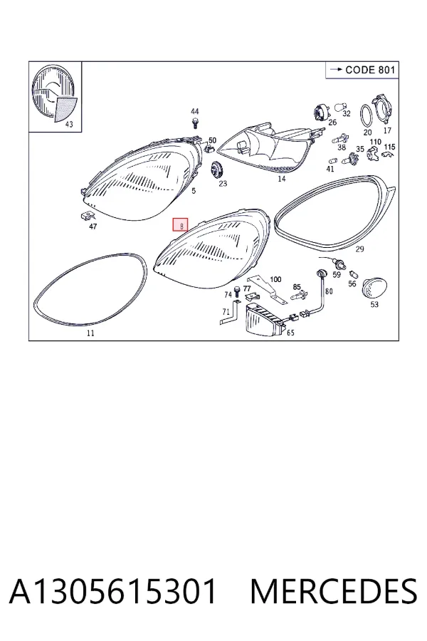 Скло фари лівої A1305615301 Mercedes