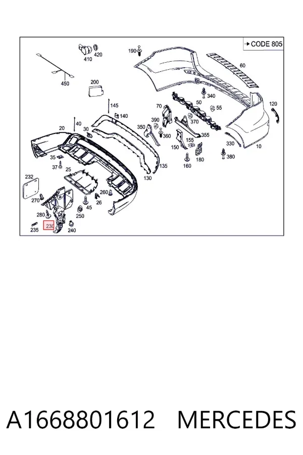 Кронштейн бампера заднього, зовнішній правий A1668801612 Mercedes