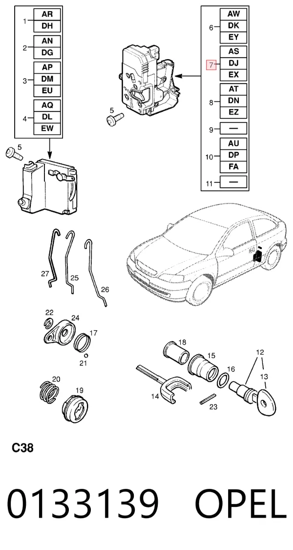 Замок передньої лівої двері 0133139 Opel