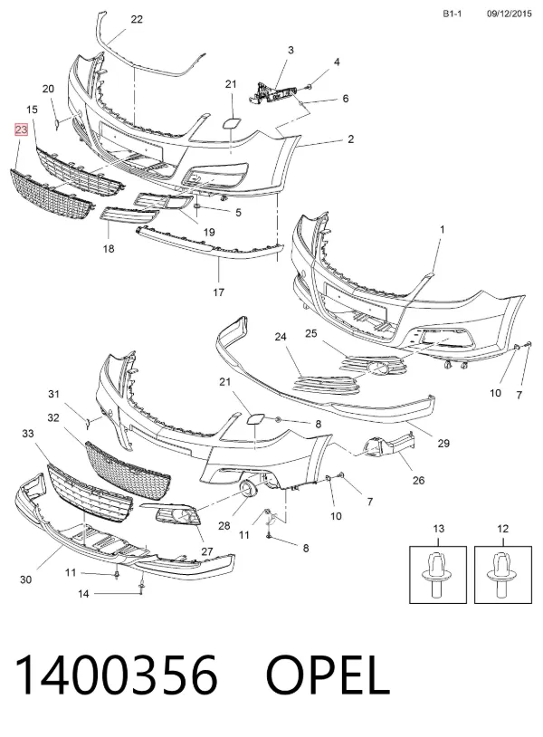 Решітка переднього бампера 1400356 Opel