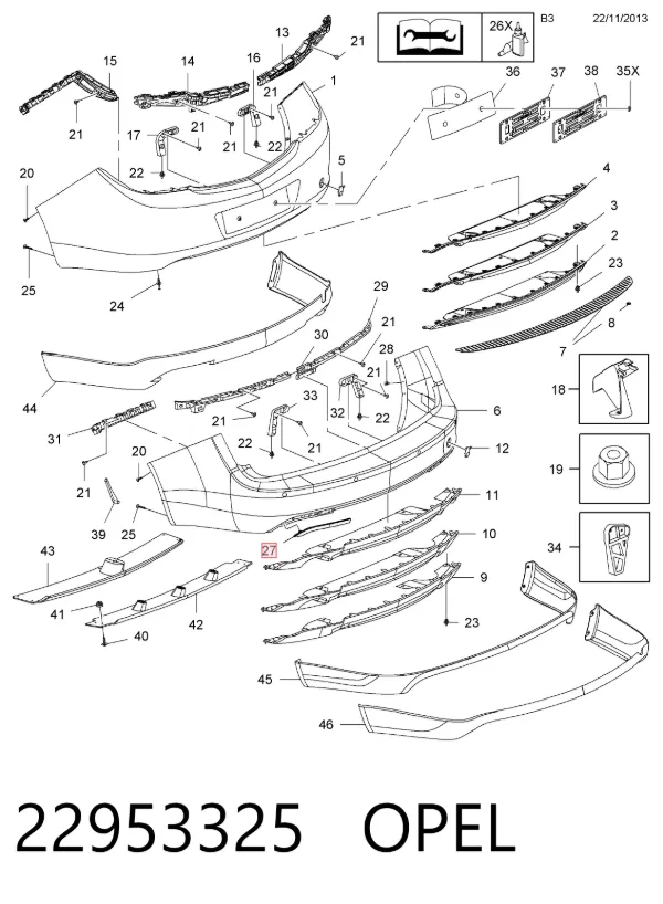 Катафот (відбивач) заднього бампера, лівий 22953325 Opel