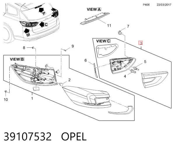 Ліхтар задній лівий, внутрішній 39107532 Opel