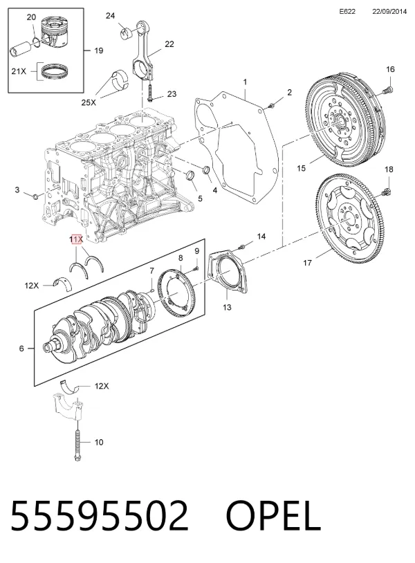 Півкільце підпірне (розбігу) колінвала, STD, комплект 55595502 Opel